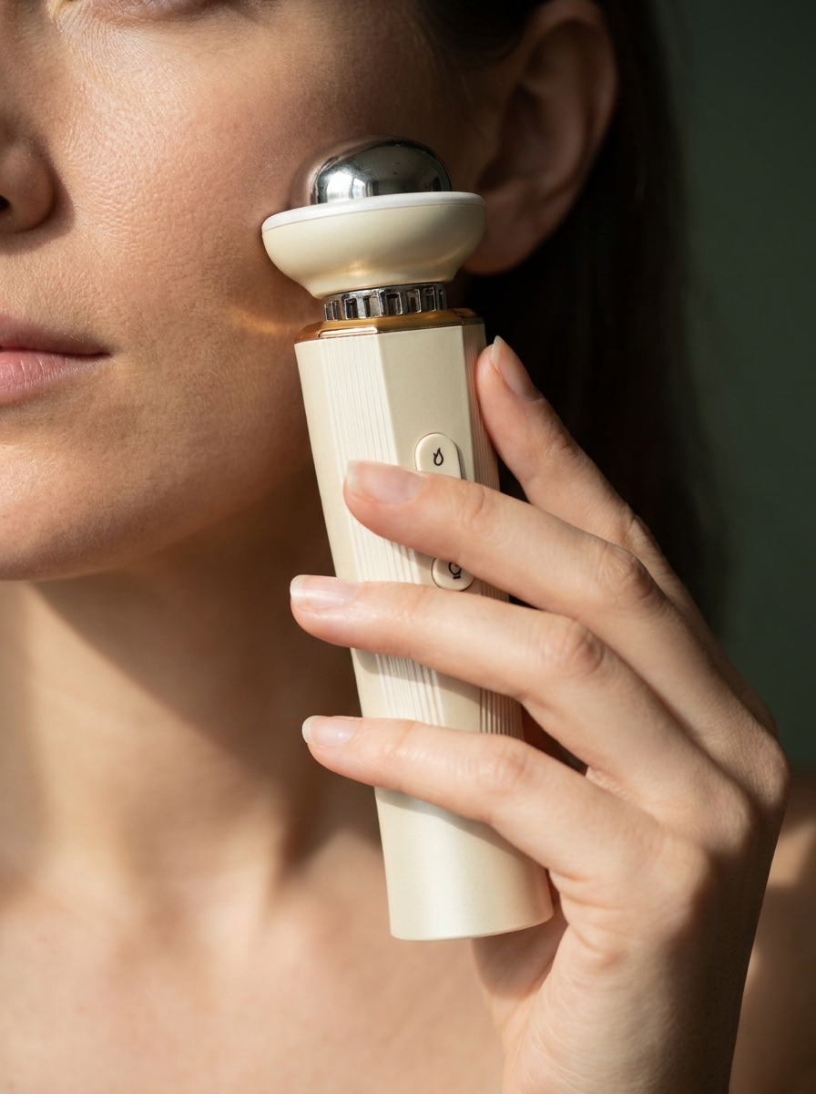 Woman gliding the depuffing wand upward along her jawline